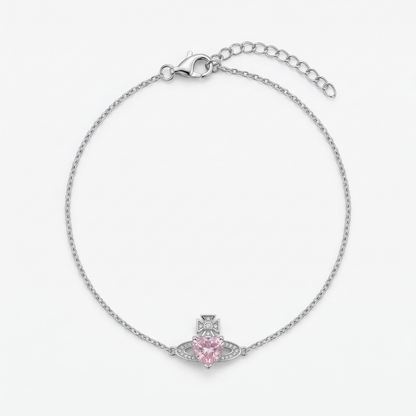 Pink Zircon Crown Heart Rhodium Plated Bracelet