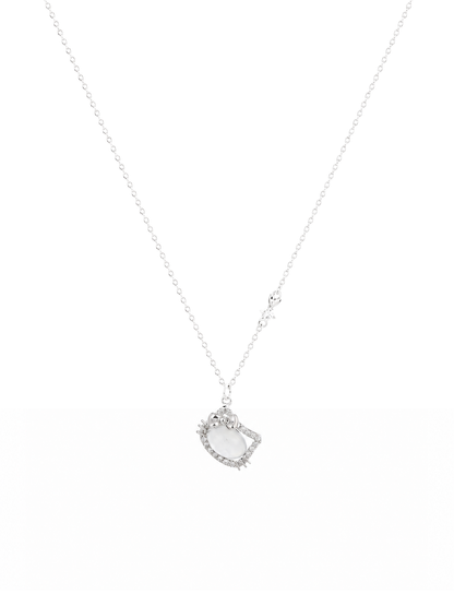 Rhodium Plated Cat Pendant Necklace with Zircon Accents