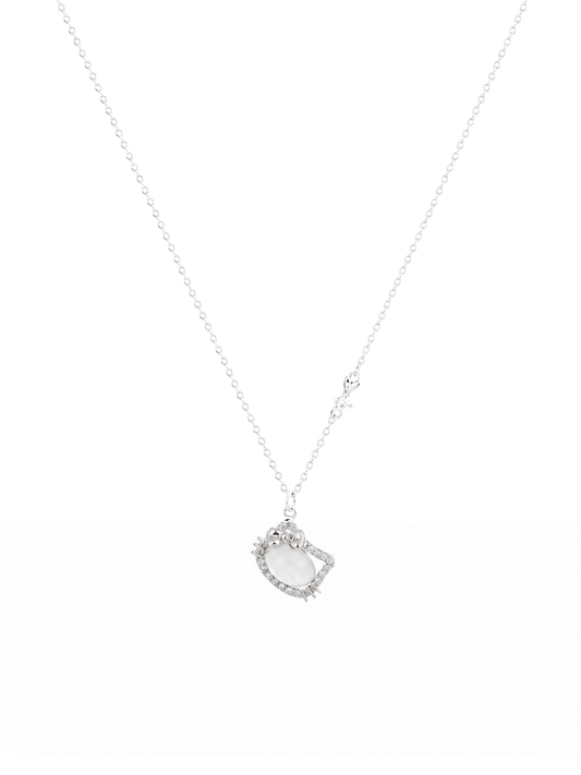 Rhodium Plated Cat Pendant Necklace with Zircon Accents