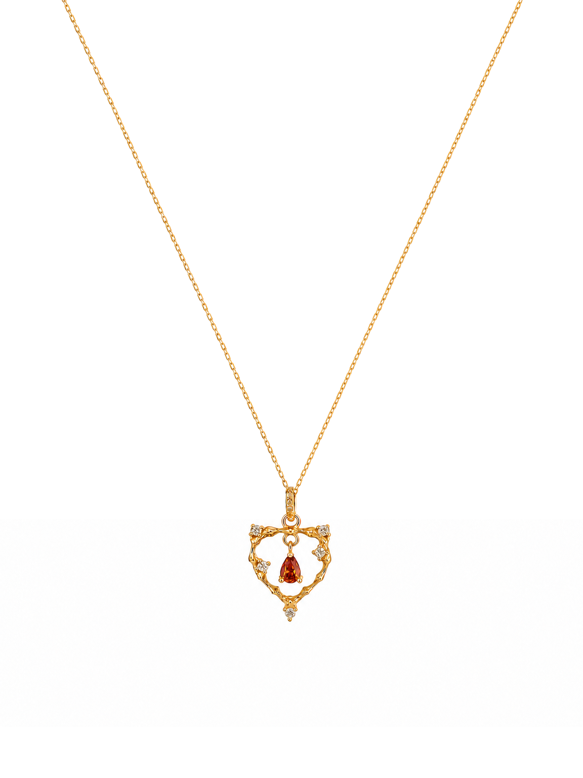 Gold Plated Sterling Silver Open Heart Necklace with Red Zircon