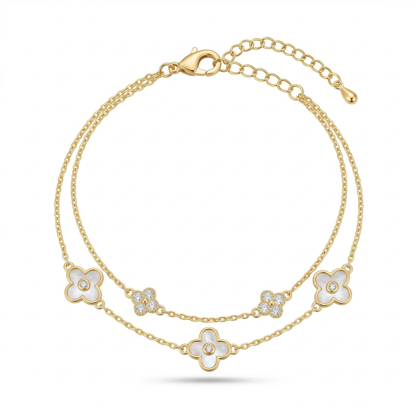Elegant White Clover Double Chain Gold Plated Bracelet