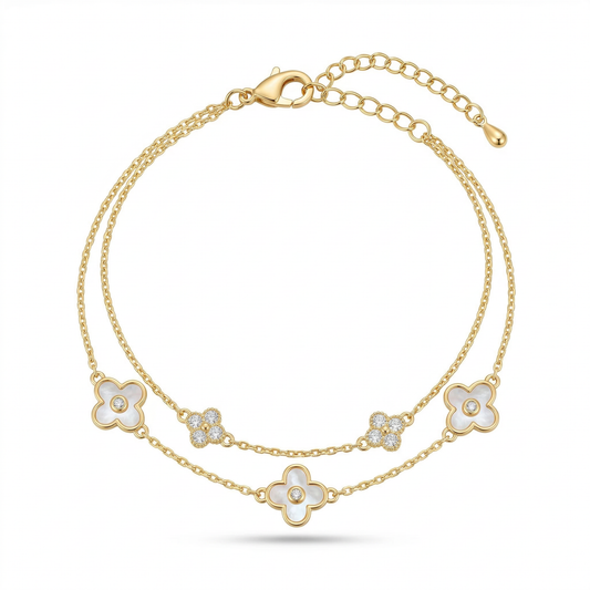 Elegant White Clover Double Chain Gold Plated Bracelet