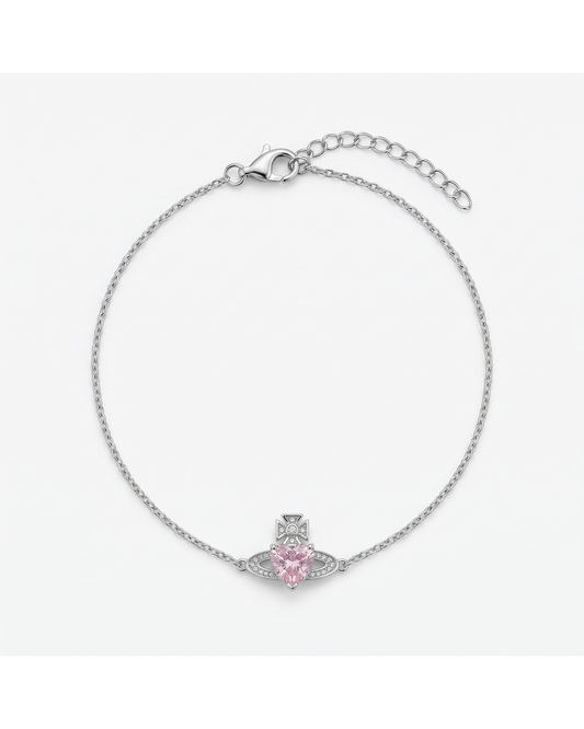 Pink Zircon Crown Heart Rhodium Plated Bracelet