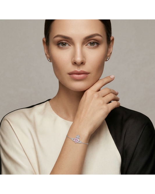 Pink Zircon Crown Heart Rhodium Plated Bracelet