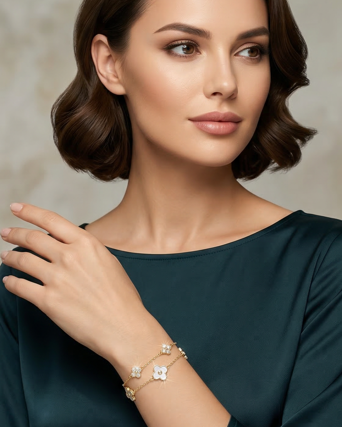 Elegant White Clover Double Chain Gold Plated Bracelet