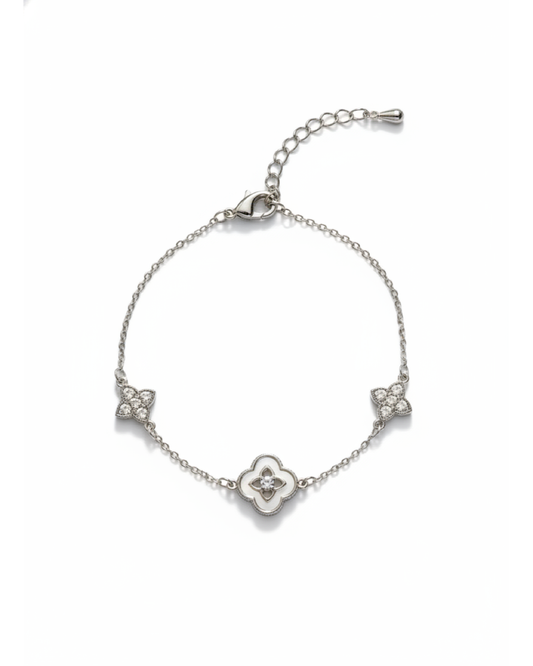 Silver Plated Four-Leaf Clover Bracelet with Zircon Accents