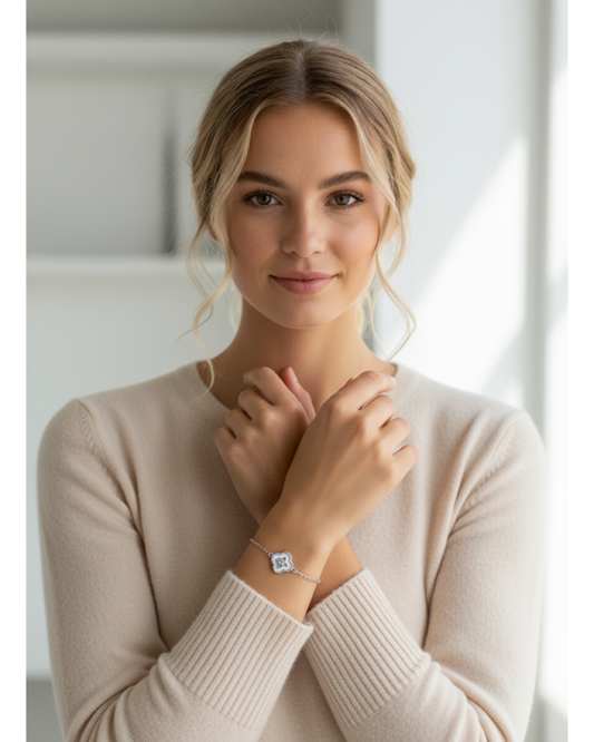 Silver Plated Four-Leaf Clover Bracelet with Zircon Accents