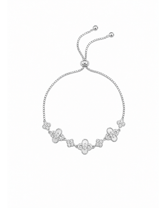 Rhodium Plated Four-Leaf Clover Cubic Zirconia Adjustable Bracelet