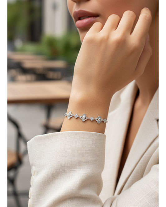 Rhodium Plated Four-Leaf Clover Cubic Zirconia Adjustable Bracelet