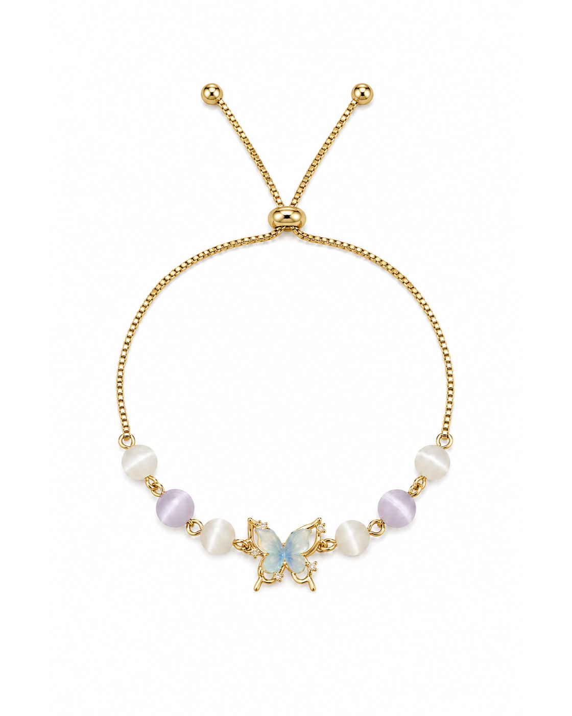 Gold Plated Butterfly Cat's Eye Bead Adjustable Bracelet