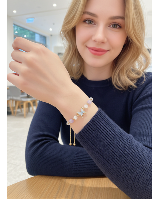 Gold Plated Butterfly Cat's Eye Bead Adjustable Bracelet