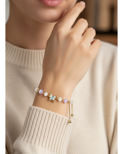 Gold Plated Butterfly Cat's Eye Bead Adjustable Bracelet