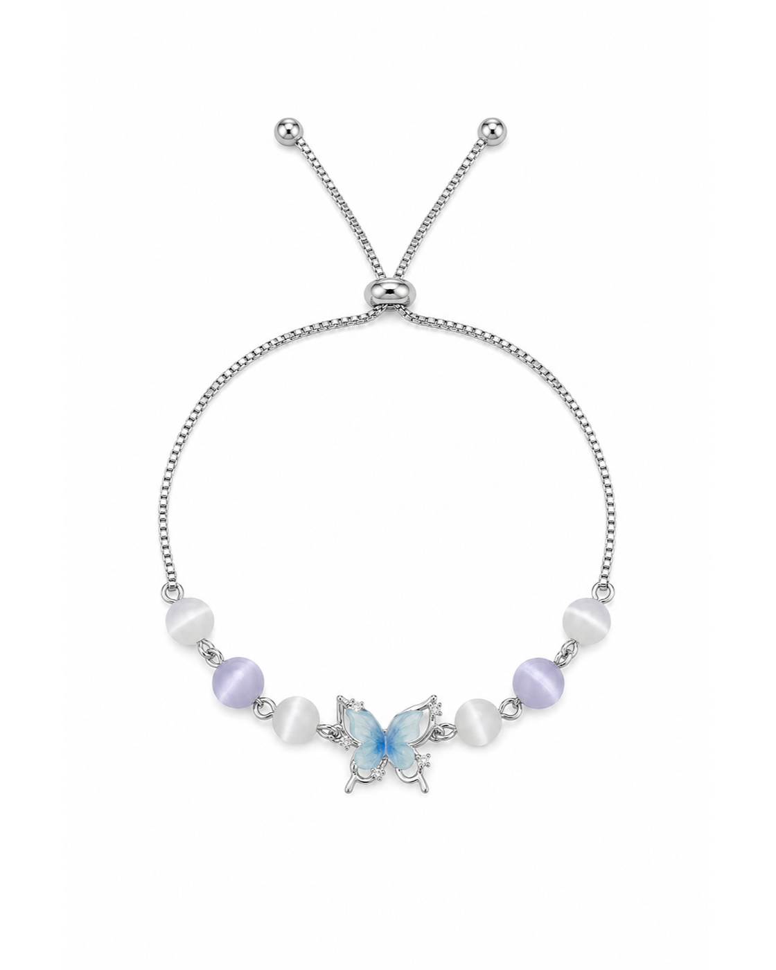 Silver Rhodium Plated Butterfly Cat Eye Bead Adjustable Bracelet