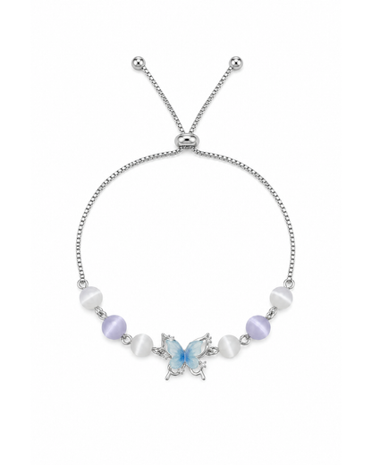 Silver Rhodium Plated Butterfly Cat Eye Bead Adjustable Bracelet