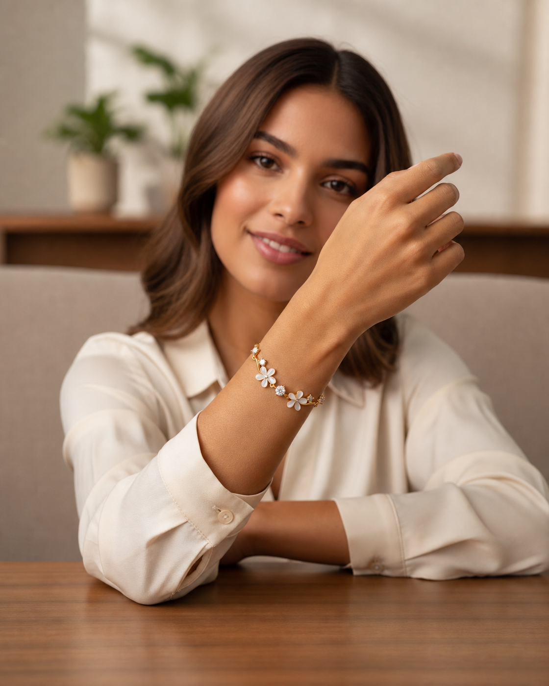 Gold Plated Cat's Eye Stone Flower Sliding Bracelet