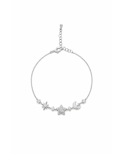 Rhodium Plated Star and Moon Bracelet with Cubic Zirconia