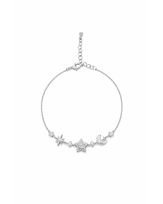 Rhodium Plated Star and Moon Bracelet with Cubic Zirconia