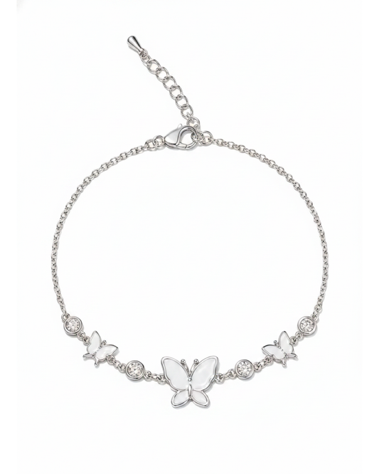 Rhodium Plated Silver Butterfly Bracelet with Zircon Accents