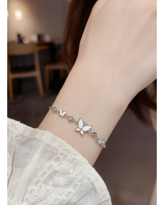 Rhodium Plated Silver Butterfly Bracelet with Zircon Accents