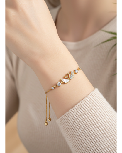 Gold Plated Swan Mother-of-Pearl & Zircon Adjustable Bracelet