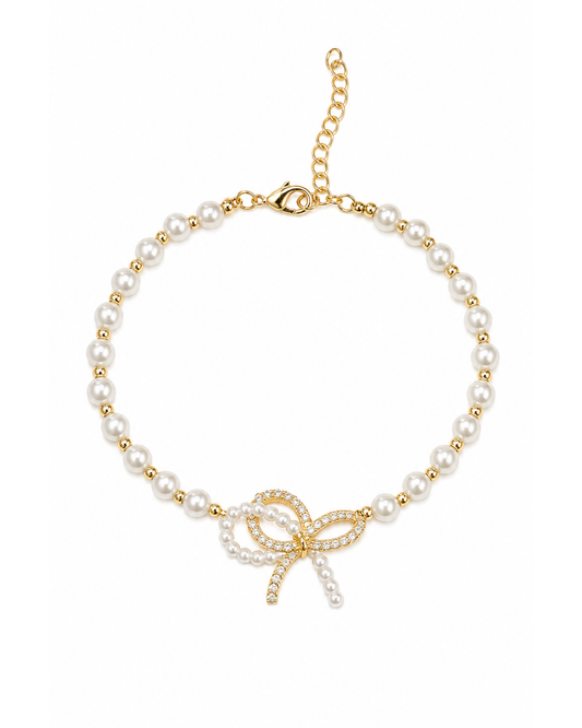 Gold Plated Bow Pearl Bracelet with Cubic Zirconia