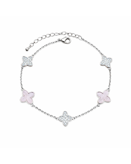 Silver Rhodium Plated Pink Zircon Four-Leaf Clover Bracelet