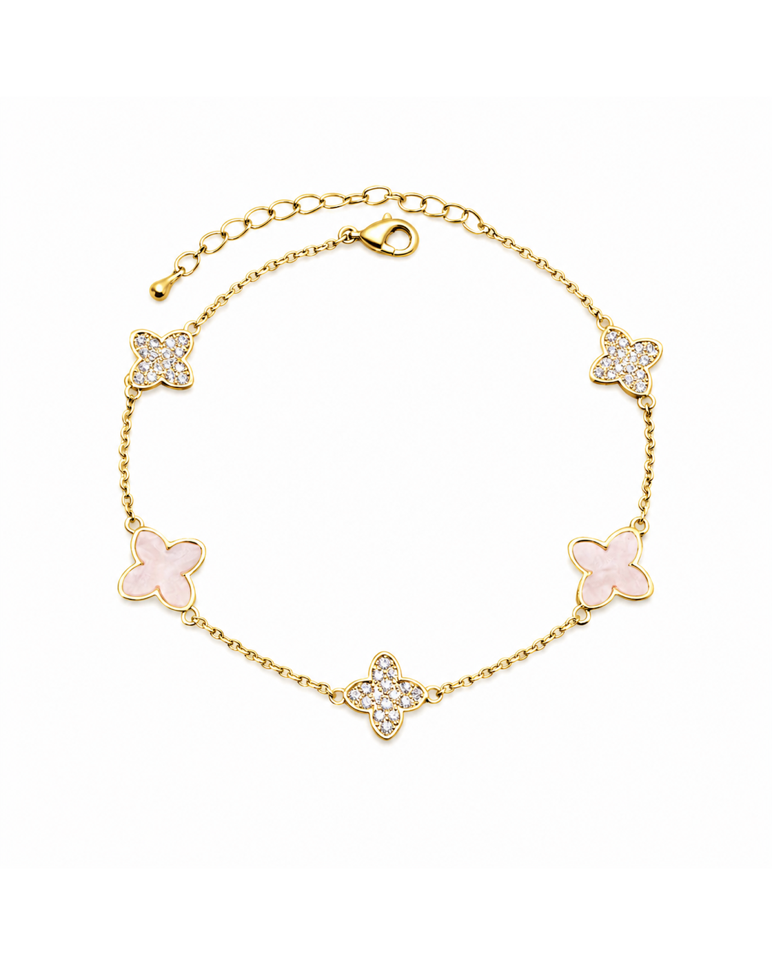 Gold Plated Pink Zirconia Clover Bracelet with Lobster Clasp