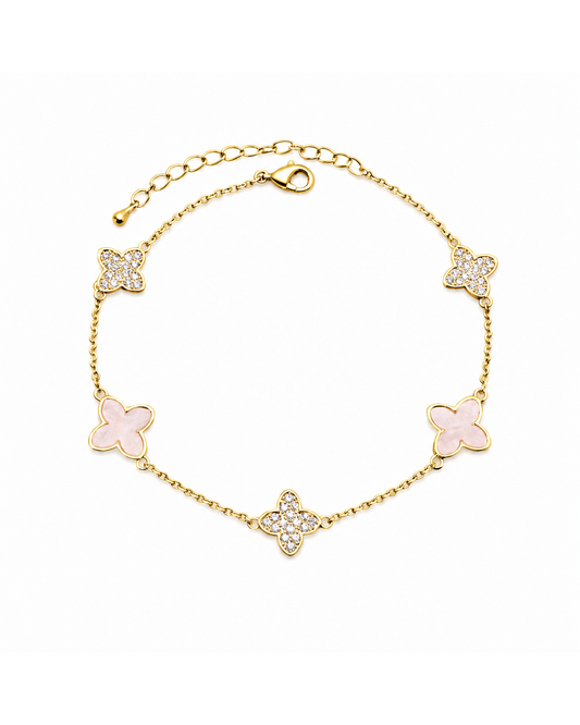 Gold Plated Pink Zirconia Clover Bracelet with Lobster Clasp