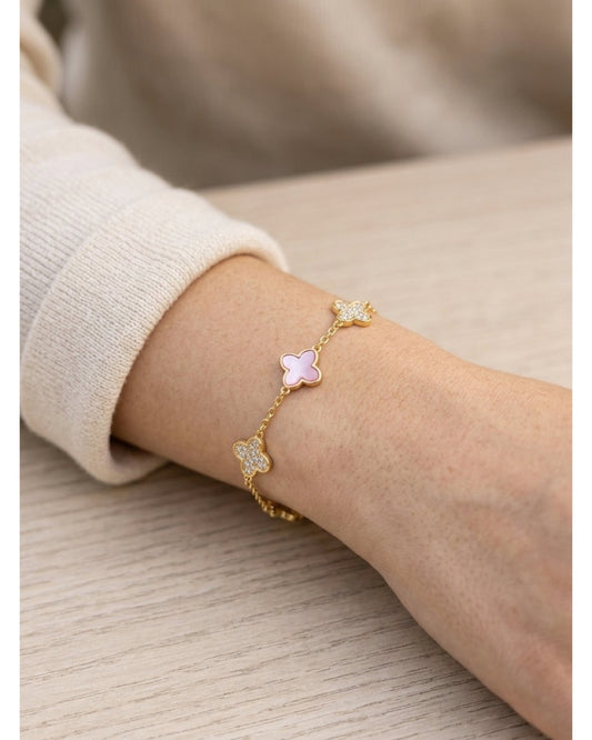 Gold Plated Pink Zirconia Clover Bracelet with Lobster Clasp