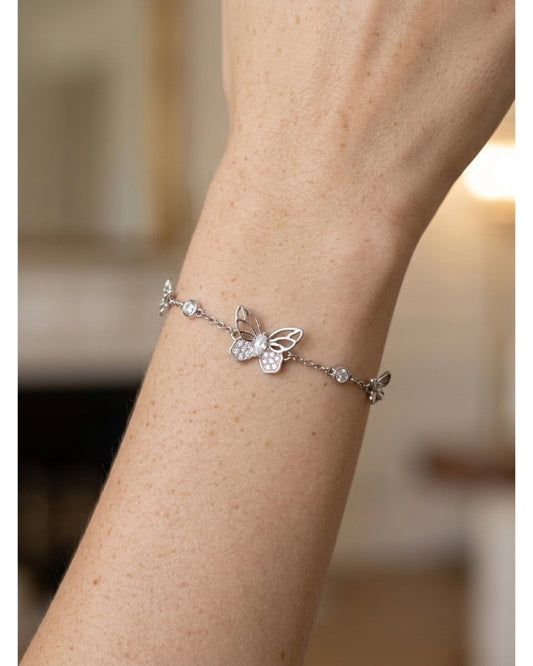 Silver Rhodium Plated Hollow Butterfly Bracelet with Lobster Clasp