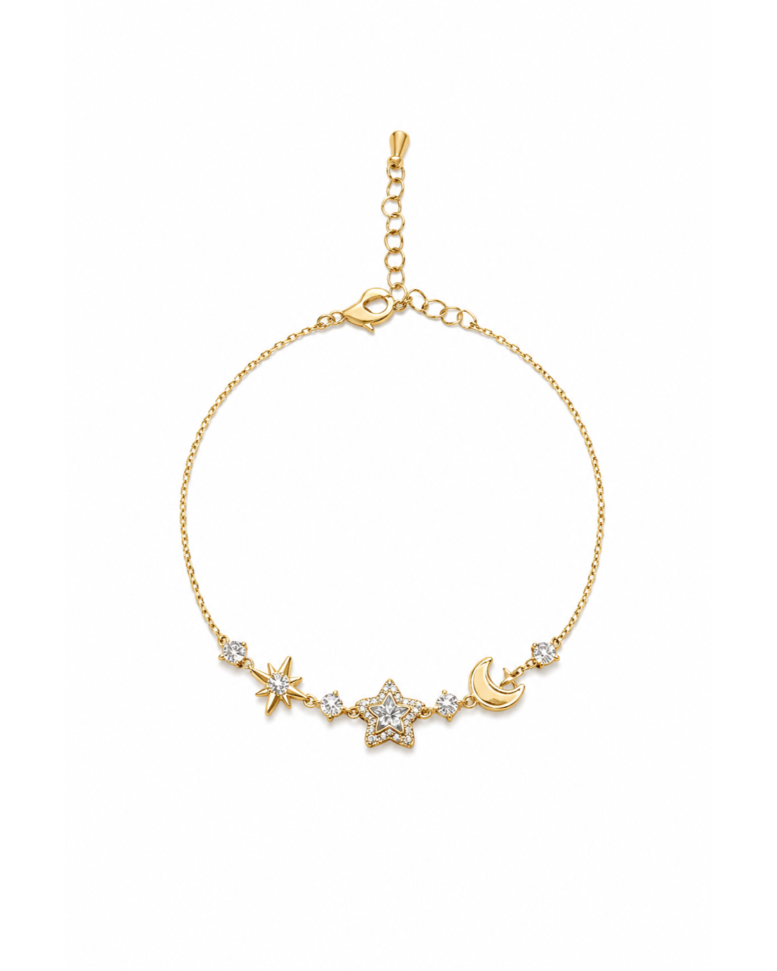 Gold Plated Star and Moon Bracelet with Zircon Accents