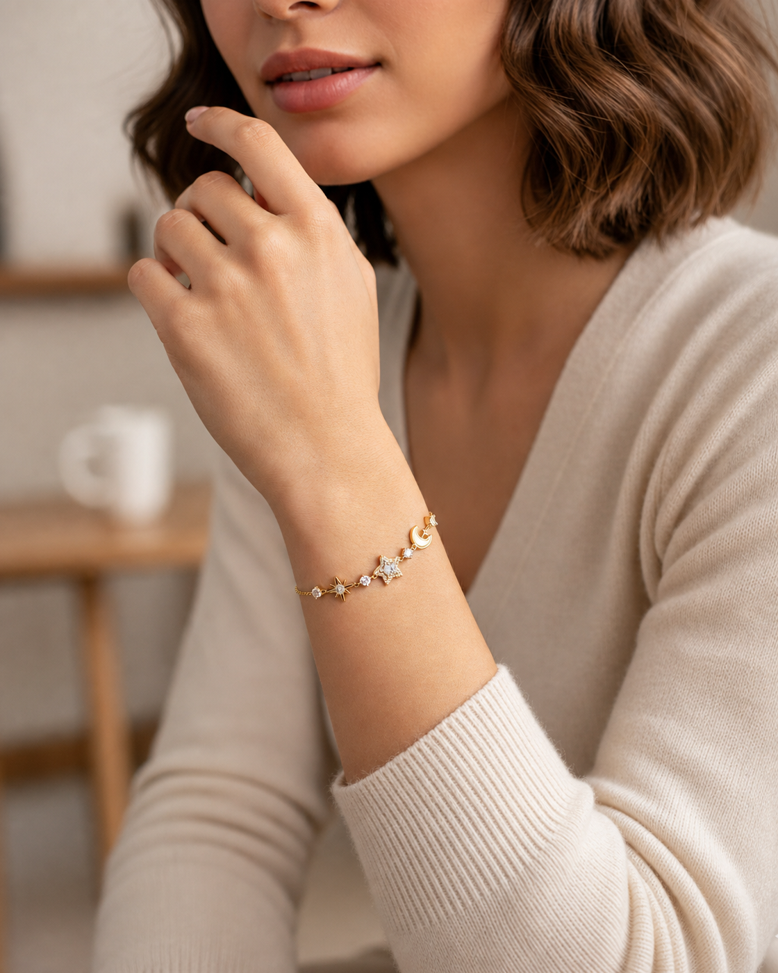 Gold Plated Star and Moon Bracelet with Zircon Accents