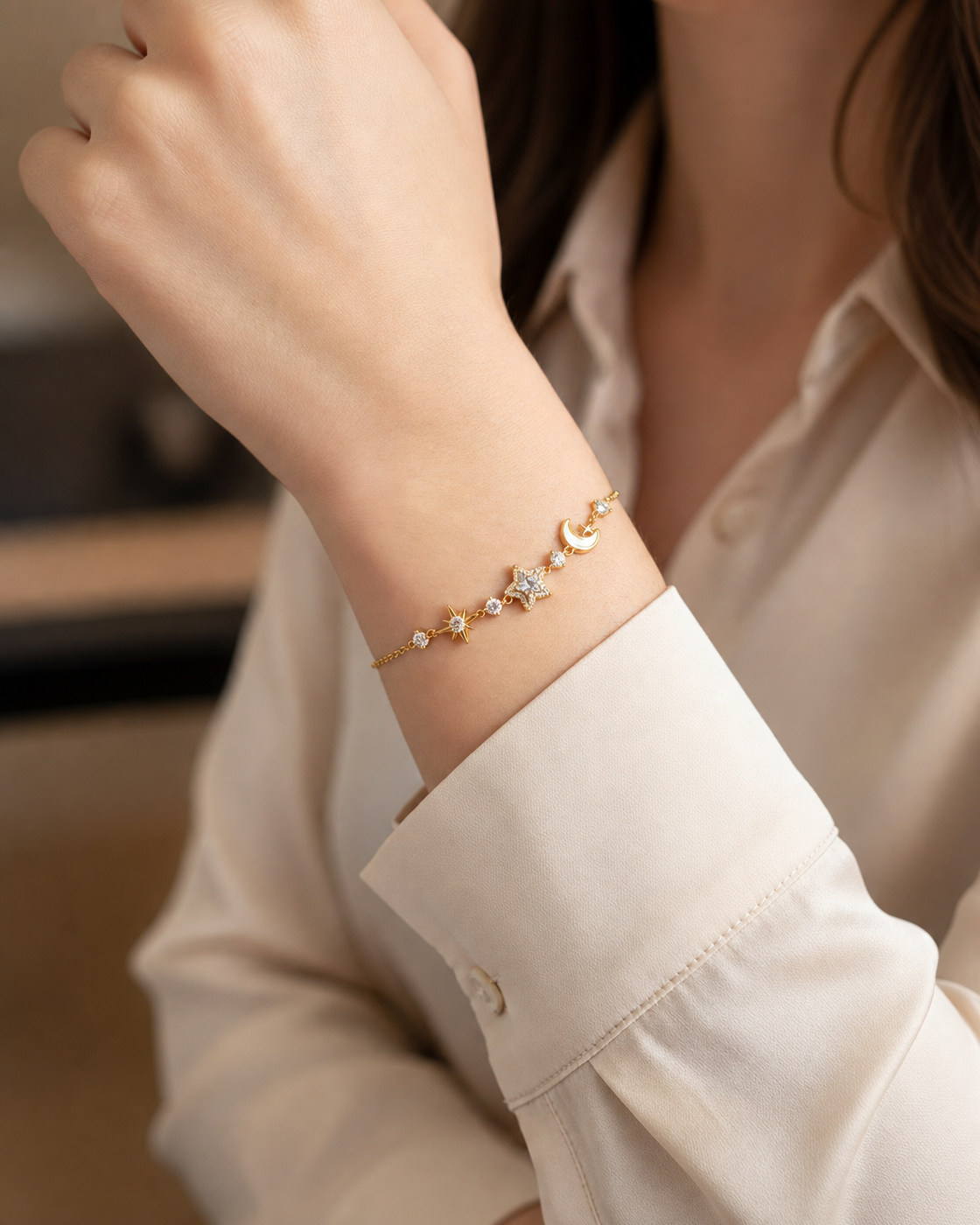 Gold Plated Star and Moon Bracelet with Zircon Accents