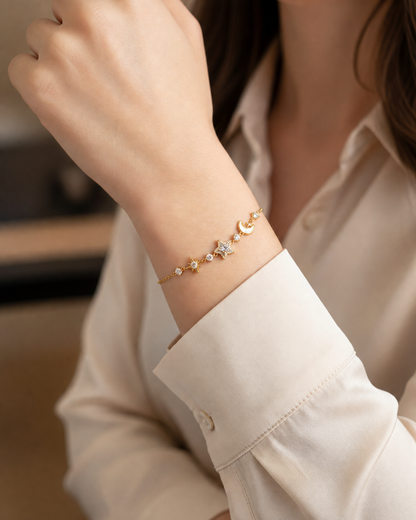 Gold Plated Star and Moon Bracelet with Zircon Accents