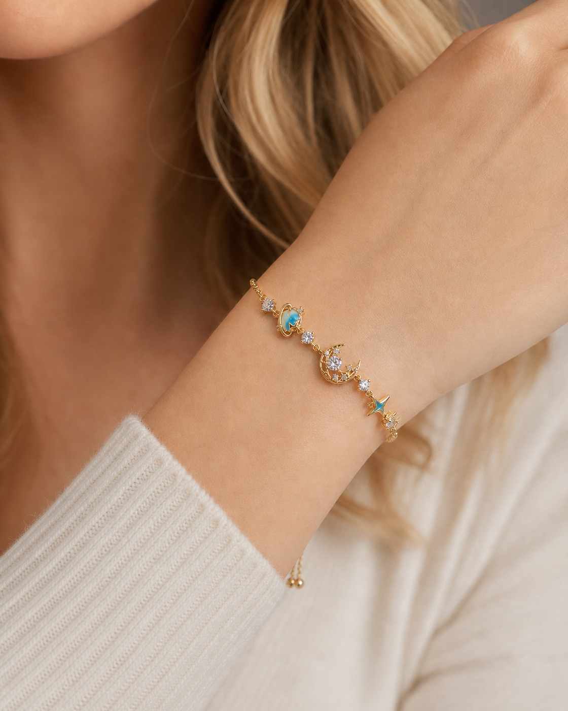 Gold Plated Blue Planet Moon Star Bracelet
