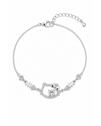 Rhodium Plated CZ Cat Bracelet with Fishbone Charms