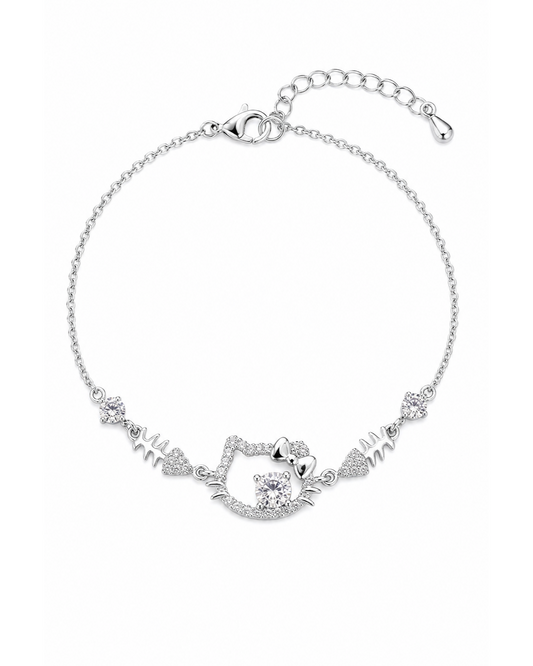 Rhodium Plated CZ Cat Bracelet with Fishbone Charms