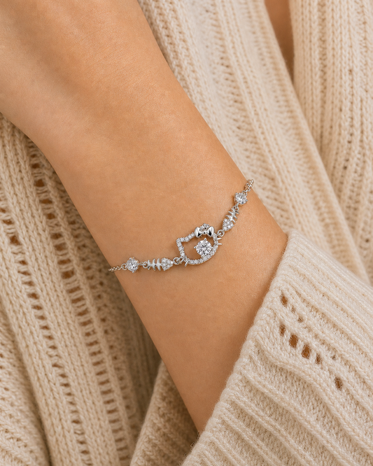Rhodium Plated CZ Cat Bracelet with Fishbone Charms