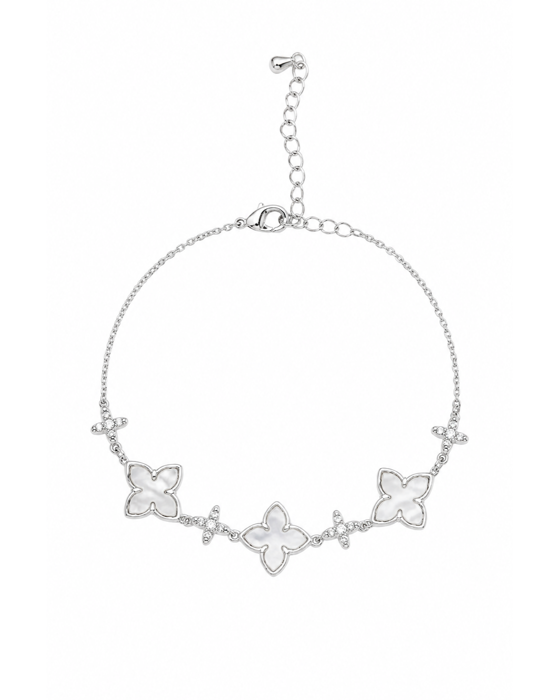 Rhodium Plated Mother-of-Pearl Flower Bracelet