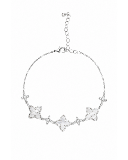 Rhodium Plated Mother-of-Pearl Flower Bracelet