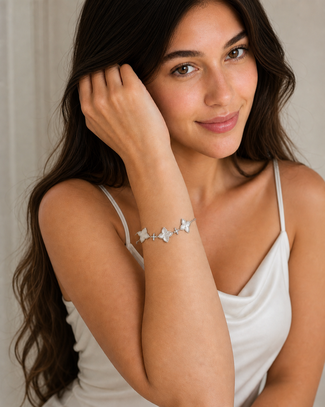 Rhodium Plated Mother-of-Pearl Flower Bracelet