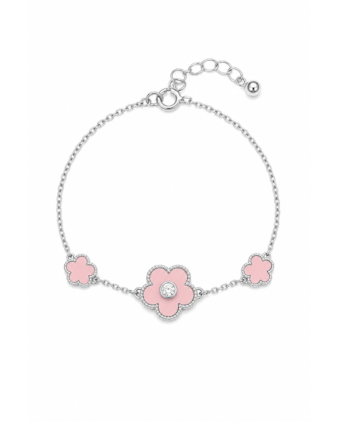 Rhodium Plated Pink Flower Chain Bracelet