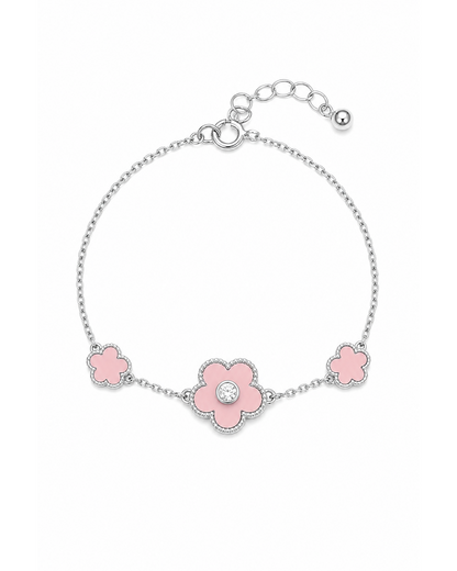 Rhodium Plated Pink Flower Chain Bracelet