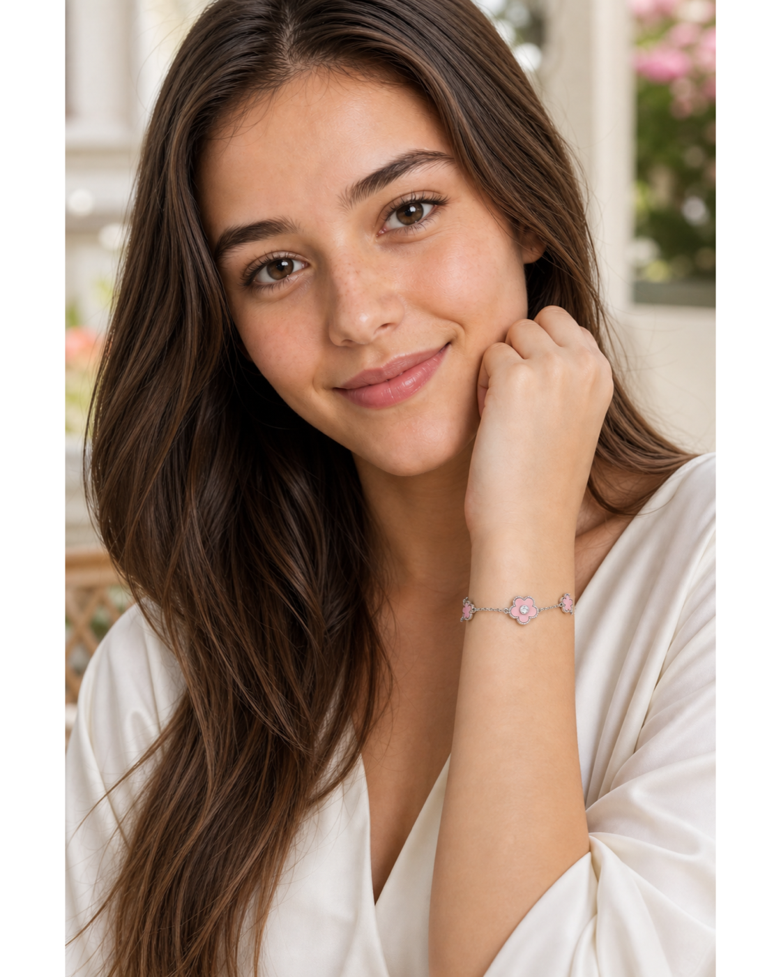 Rhodium Plated Pink Flower Chain Bracelet