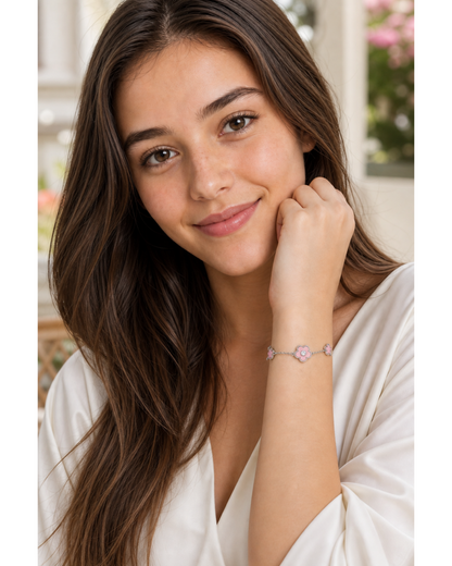 Rhodium Plated Pink Flower Chain Bracelet