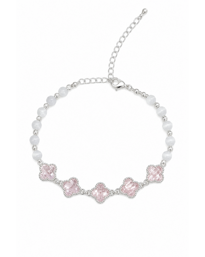 Pink Clover Beaded Rhodium Plated Bracelet
