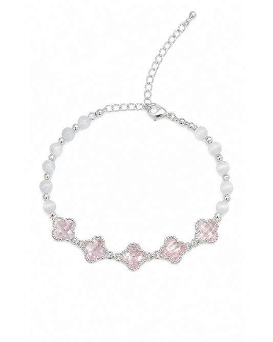 Pink Clover Beaded Rhodium Plated Bracelet