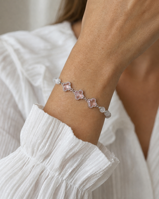 Pink Clover Beaded Rhodium Plated Bracelet