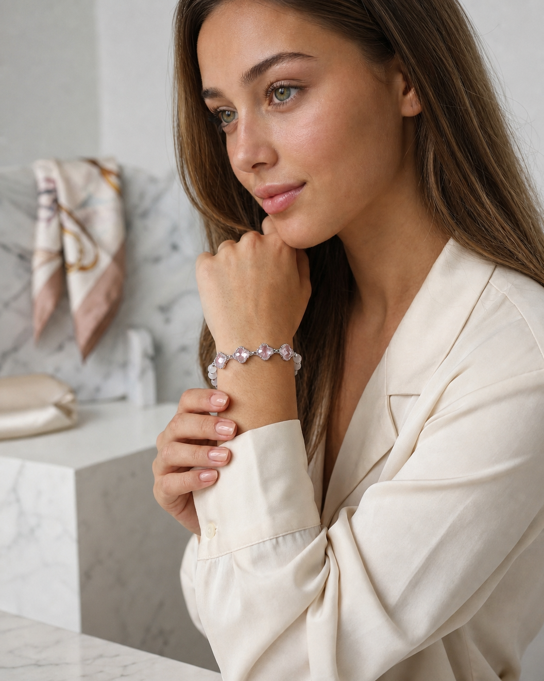 Pink Clover Beaded Rhodium Plated Bracelet