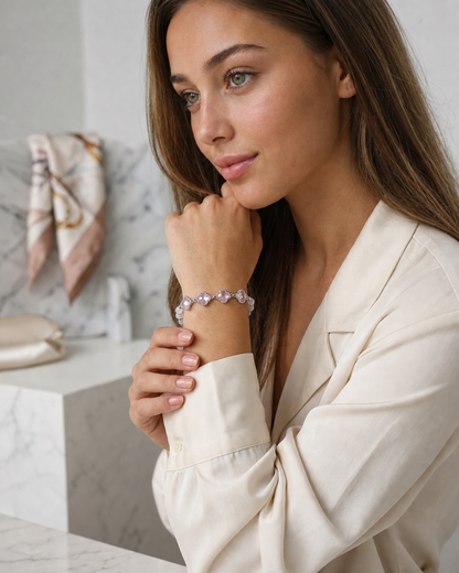 Pink Clover Beaded Rhodium Plated Bracelet